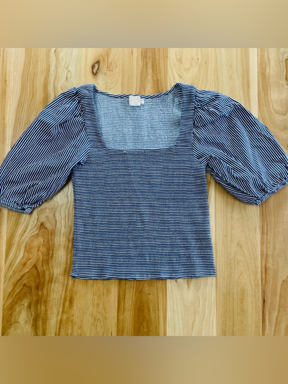 Nation LTD XL Samira Smocked Tee in Deco Blue White Stripes Puff Sleeves